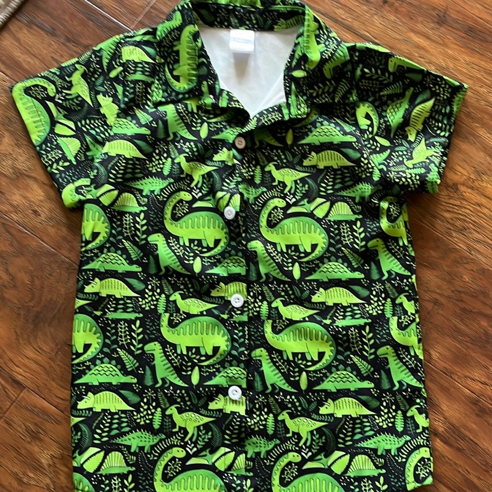 Green Dino Button Up. Boys size 110. Similar to US 5/6.